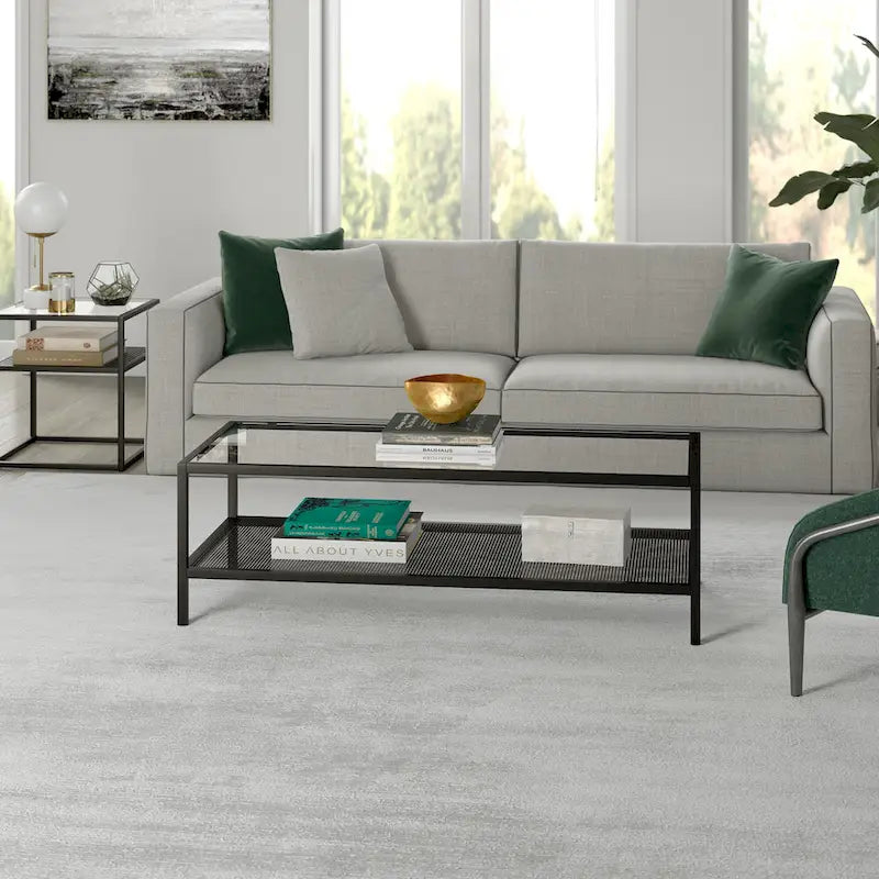 Rectangular Tempered-Glass Coffee Table with Steel Frame and Metal Shelf