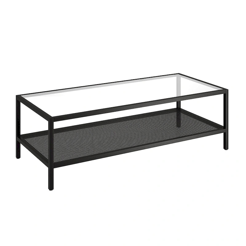 Rectangular Tempered-Glass Coffee Table with Steel Frame and Metal Shelf