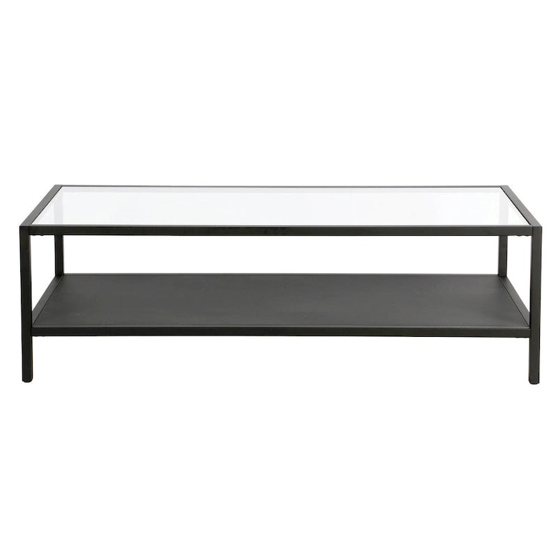 Rectangular Tempered-Glass Coffee Table with Steel Frame and Metal Shelf