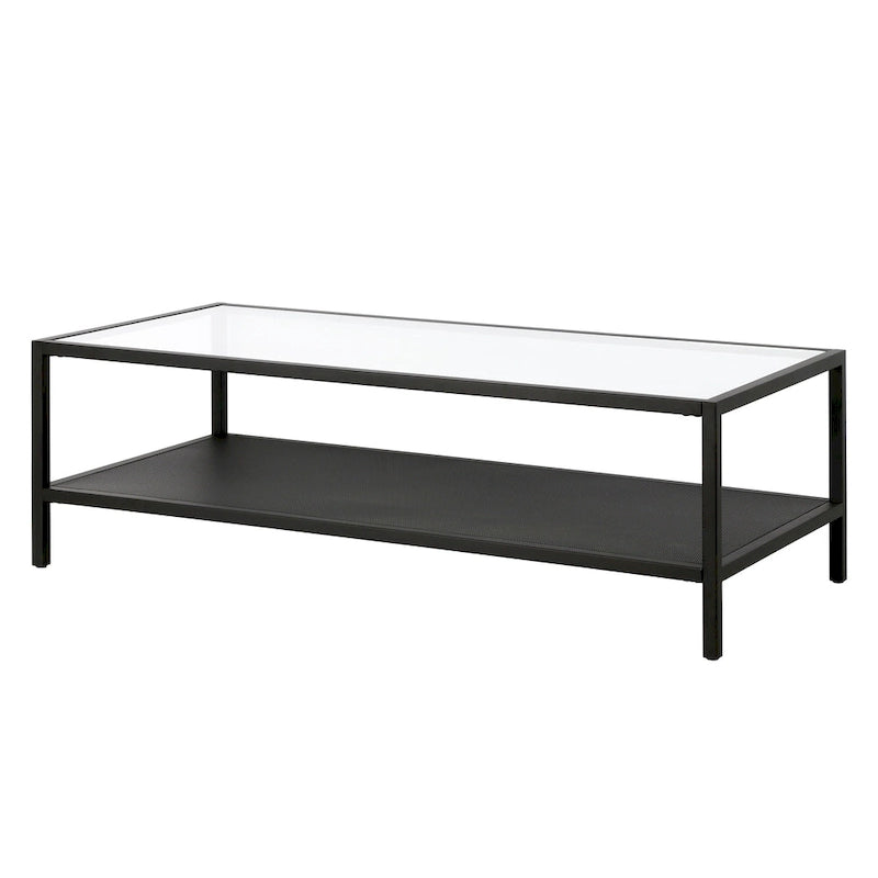 Rectangular Tempered-Glass Coffee Table with Steel Frame and Metal Shelf
