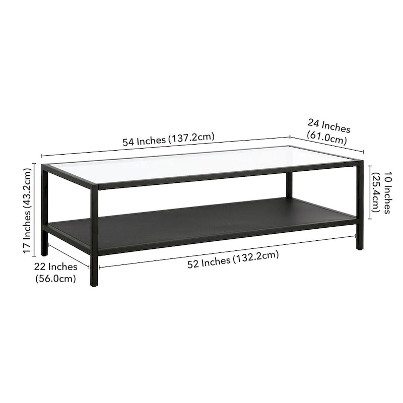 Rectangular Tempered-Glass Coffee Table with Steel Frame and Metal Shelf