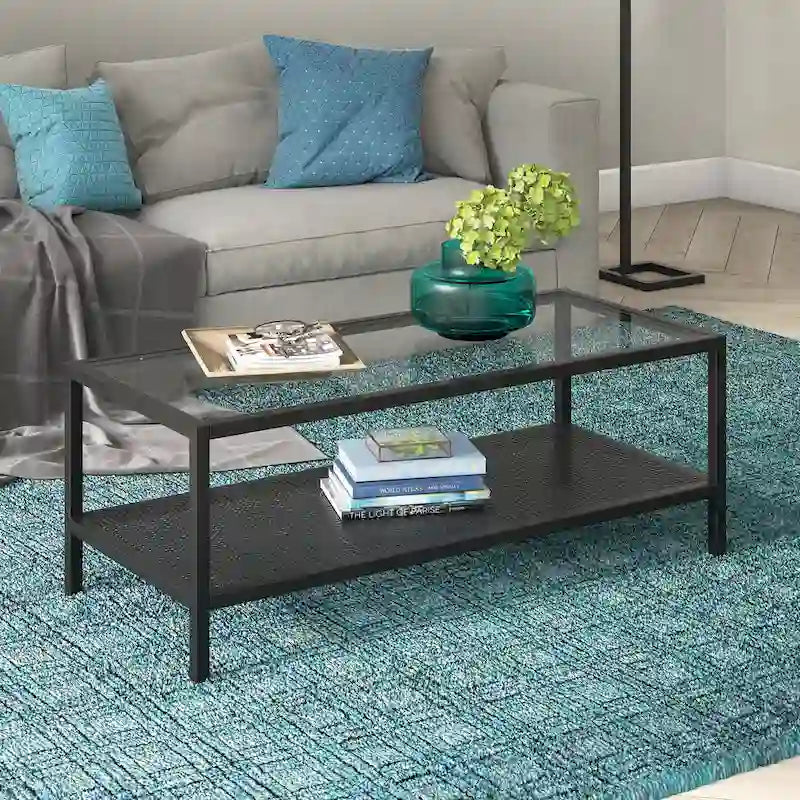 Rectangular Tempered-Glass Coffee Table with Steel Frame and Metal Shelf