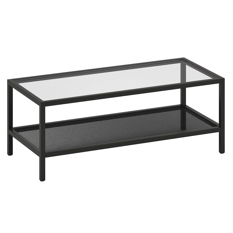 Rectangular Tempered-Glass Coffee Table with Steel Frame and Metal Shelf