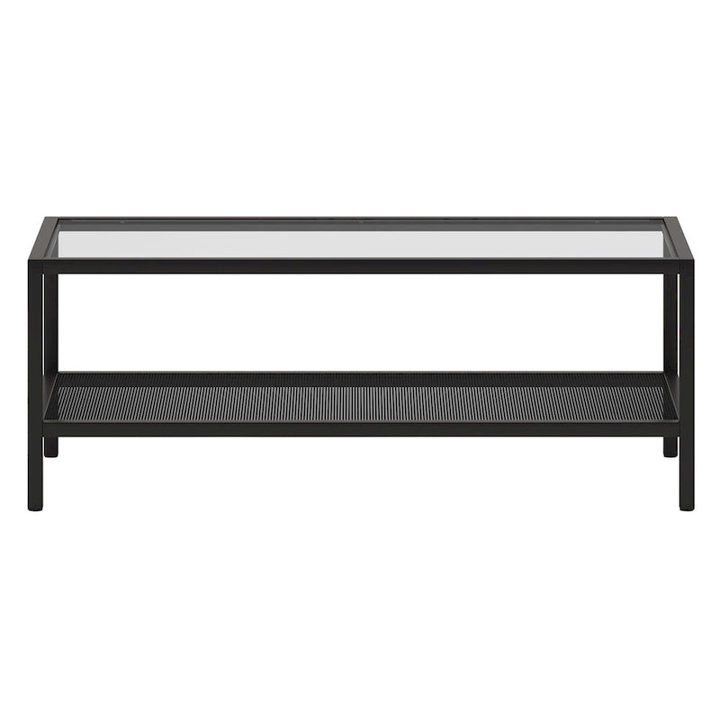 Rectangular Tempered-Glass Coffee Table with Steel Frame and Metal Shelf