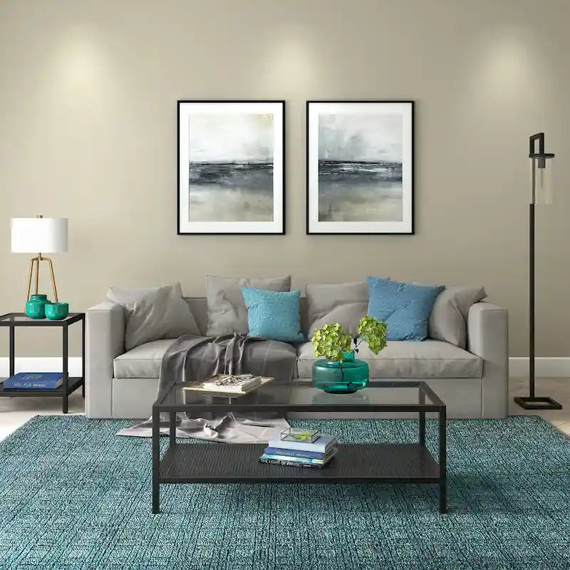 Rectangular Tempered-Glass Coffee Table with Steel Frame and Metal Shelf