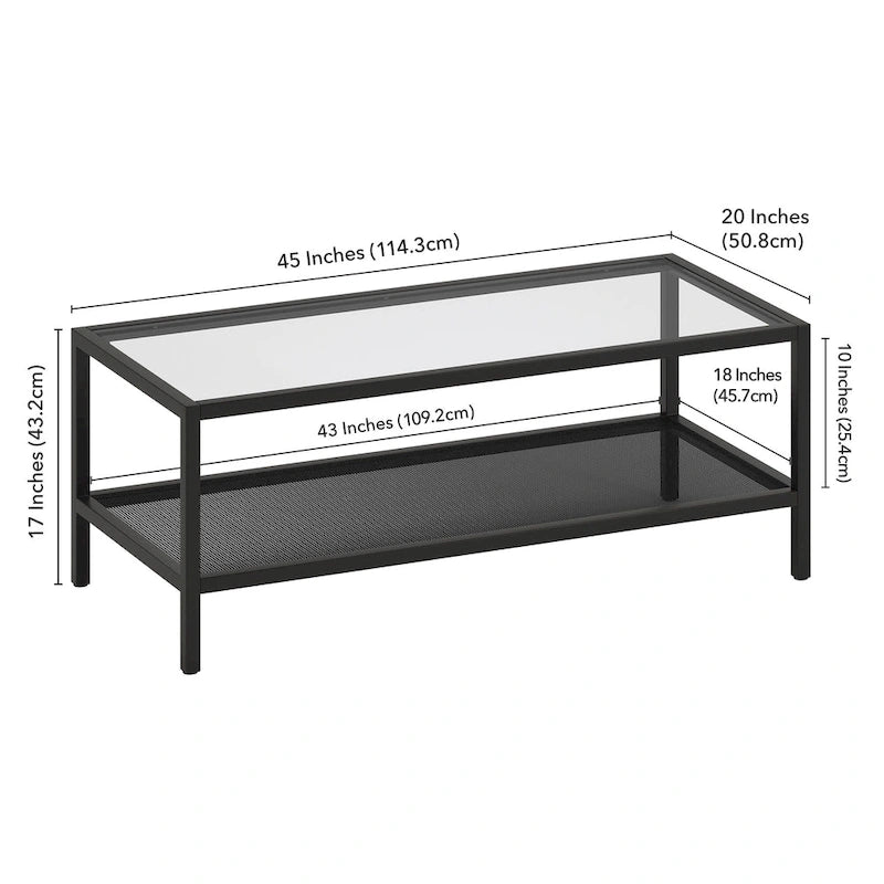 Rectangular Tempered-Glass Coffee Table with Steel Frame and Metal Shelf