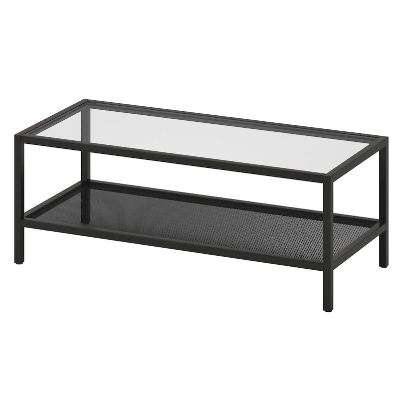 Rectangular Tempered-Glass Coffee Table with Steel Frame and Metal Shelf