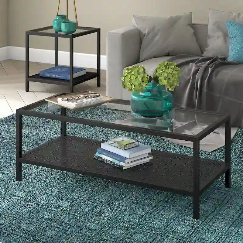 Rectangular Tempered-Glass Coffee Table with Steel Frame and Metal Shelf