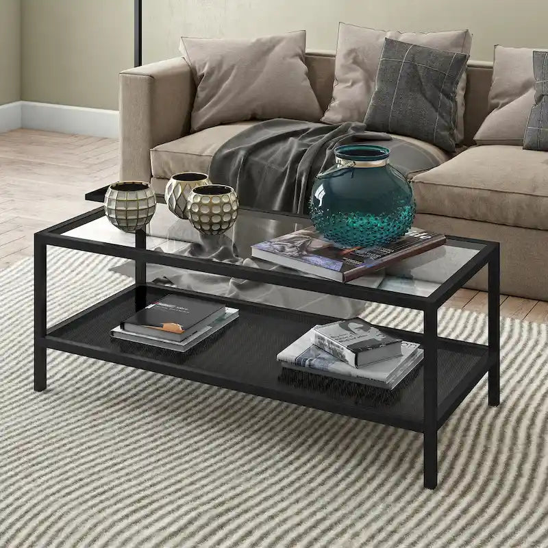 Rectangular Tempered-Glass Coffee Table with Steel Frame and Metal Shelf