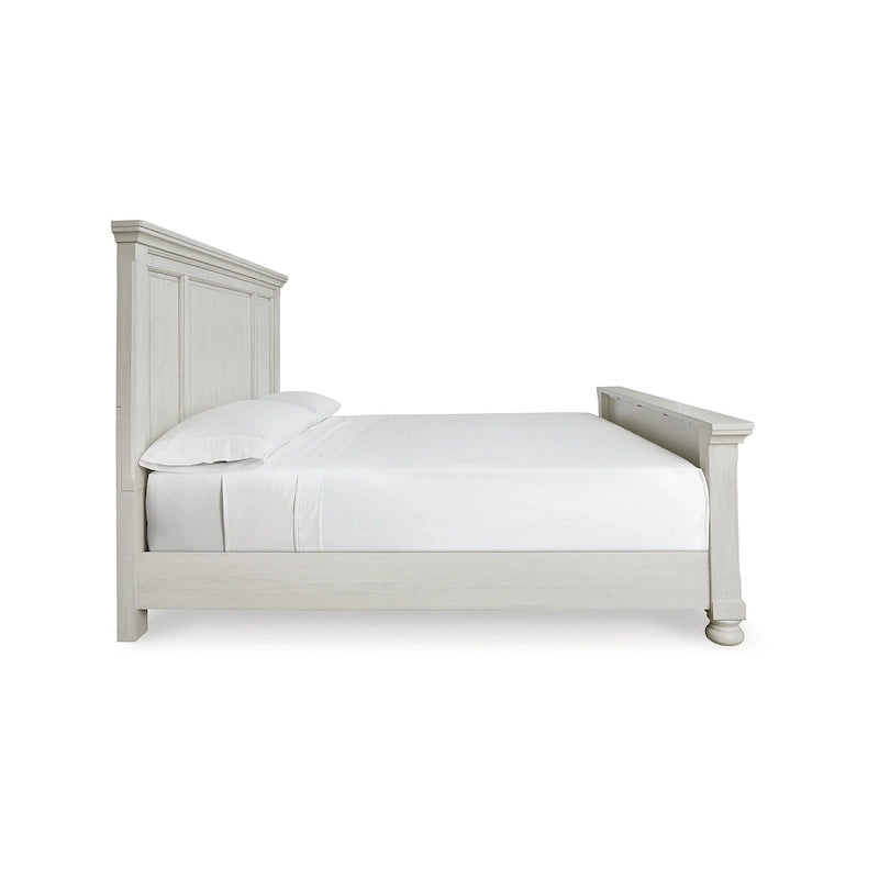 Panel Bed with Antiqued White Finish and Wood Grain Texture