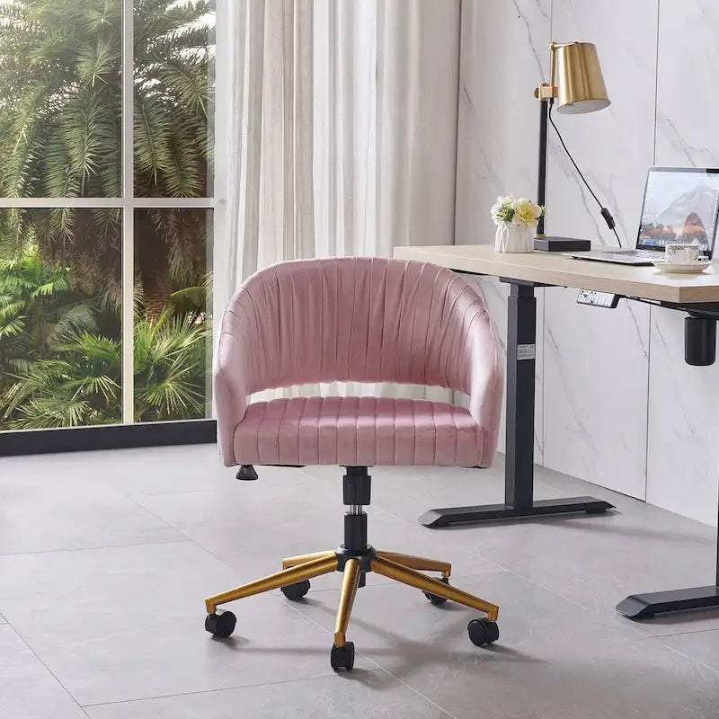 Velvet Swivel Office Chair with Gold Frame, Casters and Adjustable Height