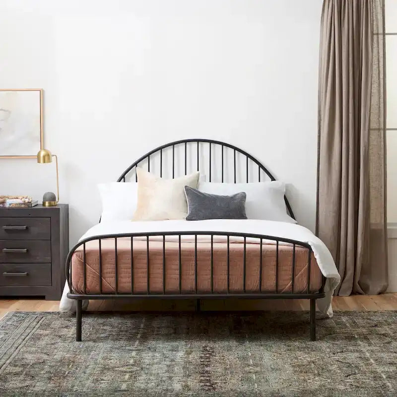 Black Iron Spindle Platform Bed with Arched Headboard and Wood Slats