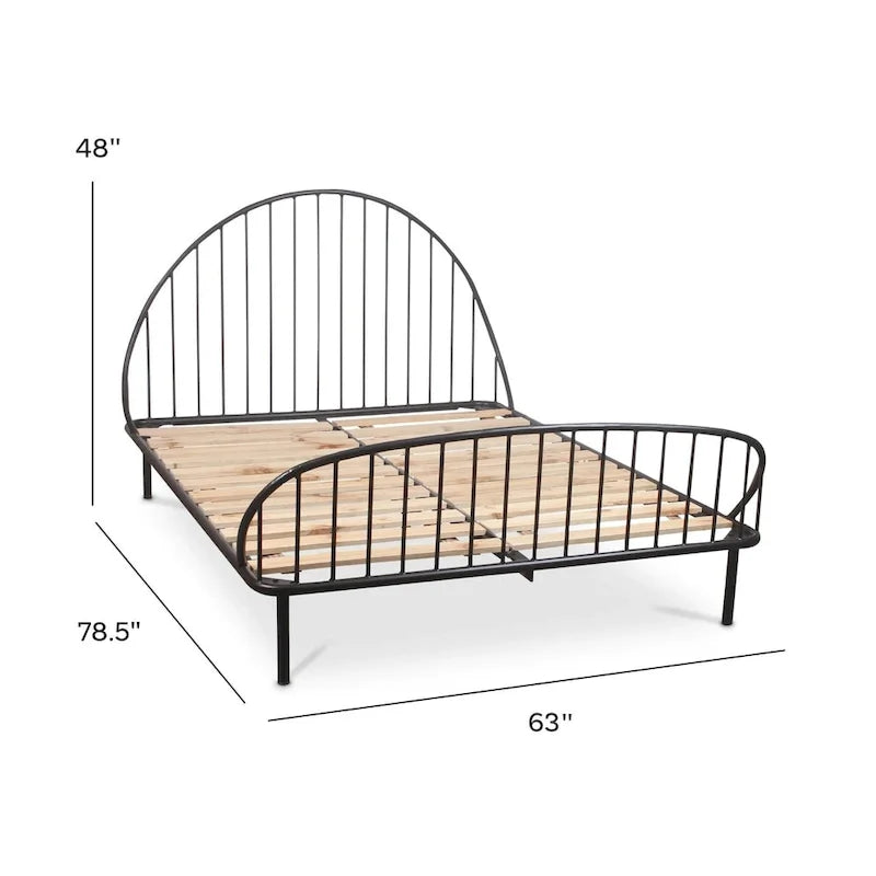 Black Iron Spindle Platform Bed with Arched Headboard and Wood Slats