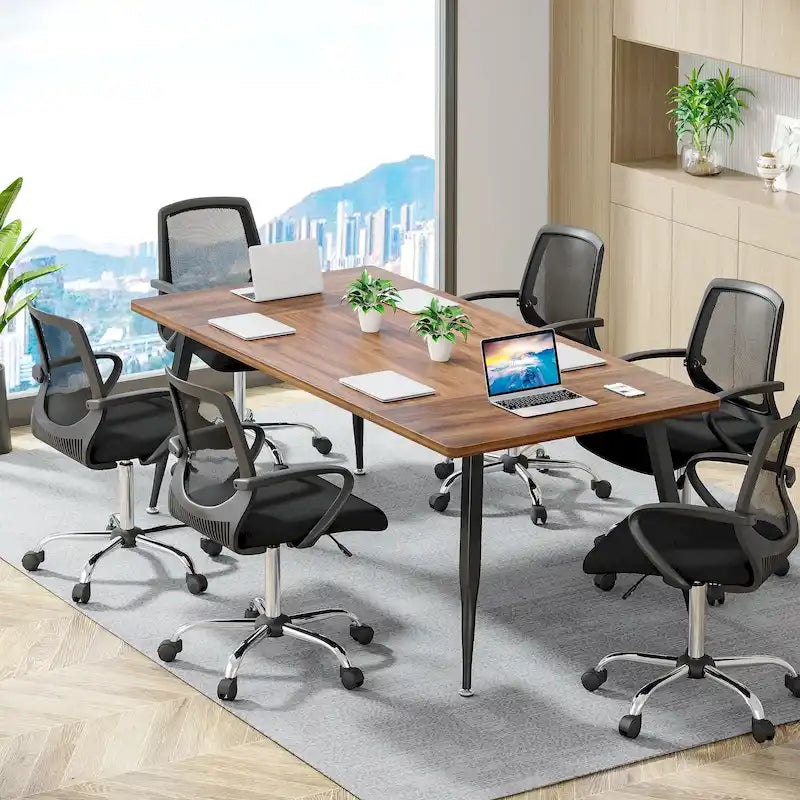 Modern Rectangular Conference Table with Veneered Top and Metal Legs