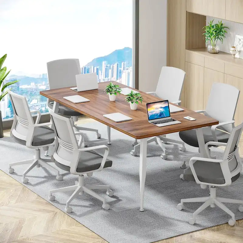 Modern Rectangular Conference Table with Veneered Top and Metal Legs