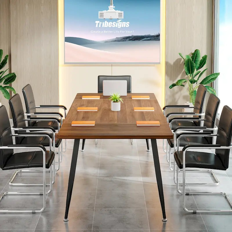 Modern Rectangular Conference Table with Veneered Top and Metal Legs