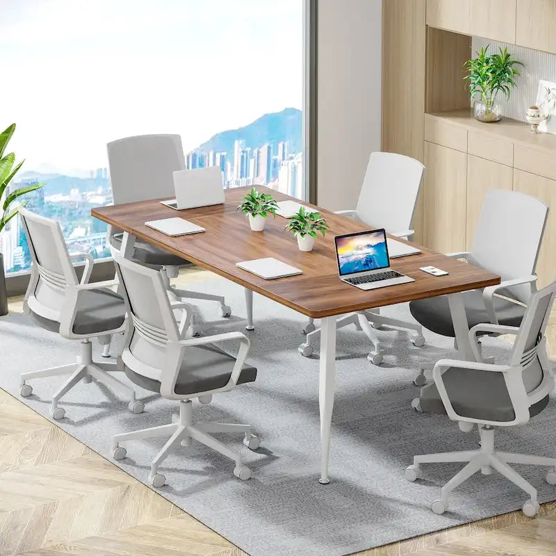 Modern Rectangular Conference Table with Veneered Top and Metal Legs