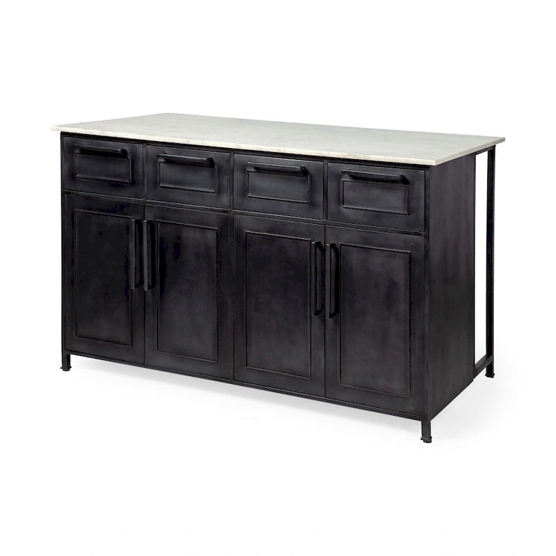Black Metal Kitchen Island with Natural Marble Top and Storage
