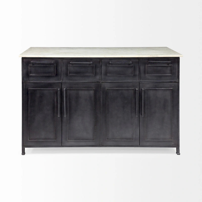 Black Metal Kitchen Island with Natural Marble Top and Storage