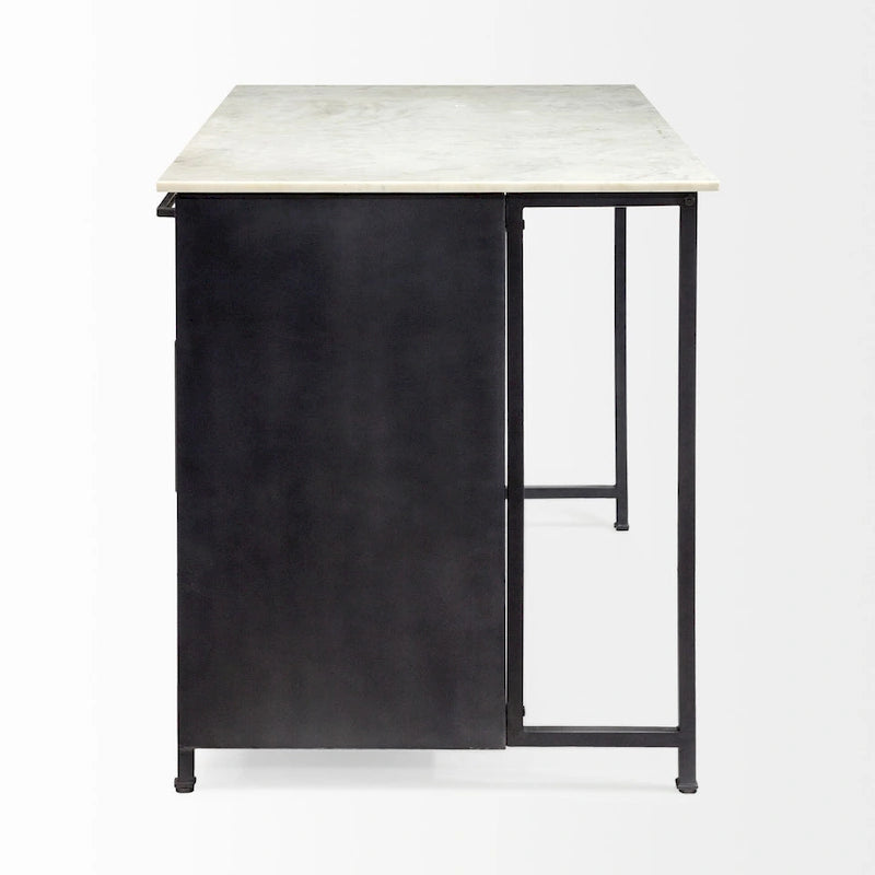 Black Metal Kitchen Island with Natural Marble Top and Storage