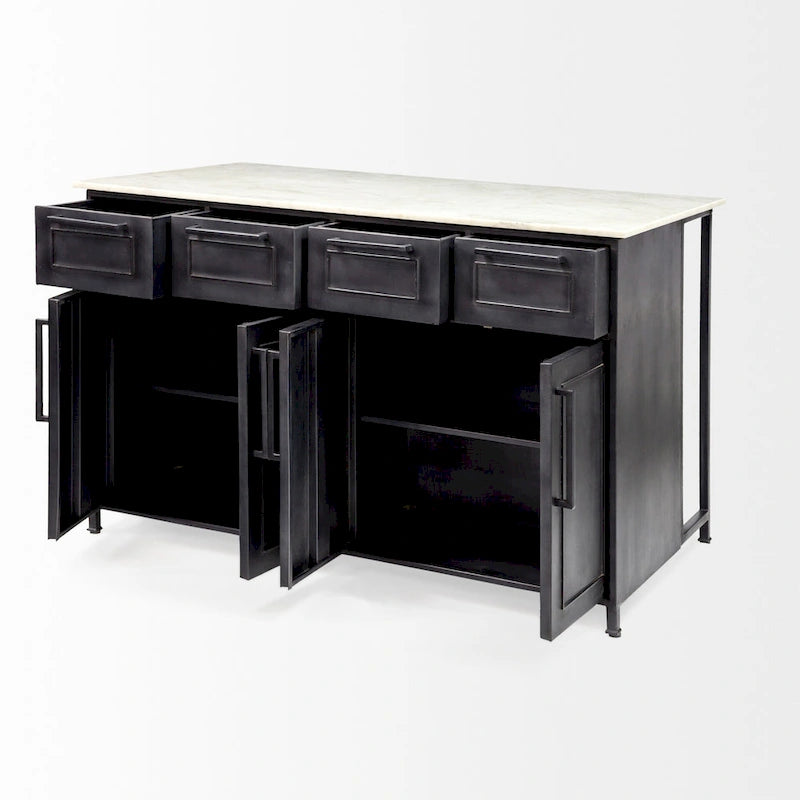 Black Metal Kitchen Island with Natural Marble Top and Storage