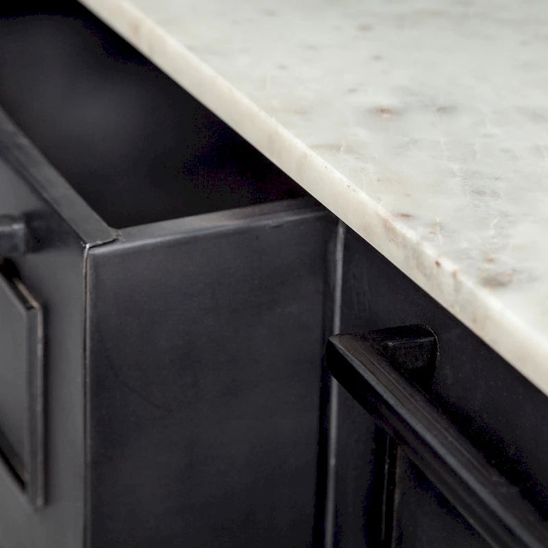 Black Metal Kitchen Island with Natural Marble Top and Storage