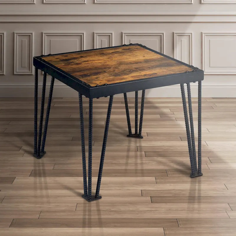 Industrial Square Side Table with Wood Veneer and Metal Legs