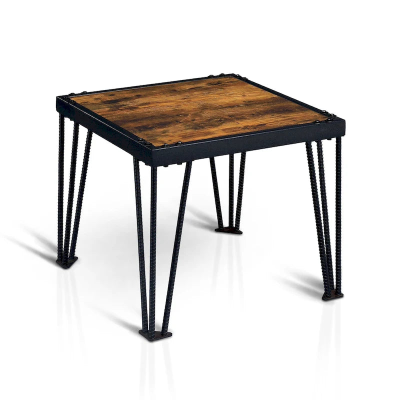Industrial Square Side Table with Wood Veneer and Metal Legs