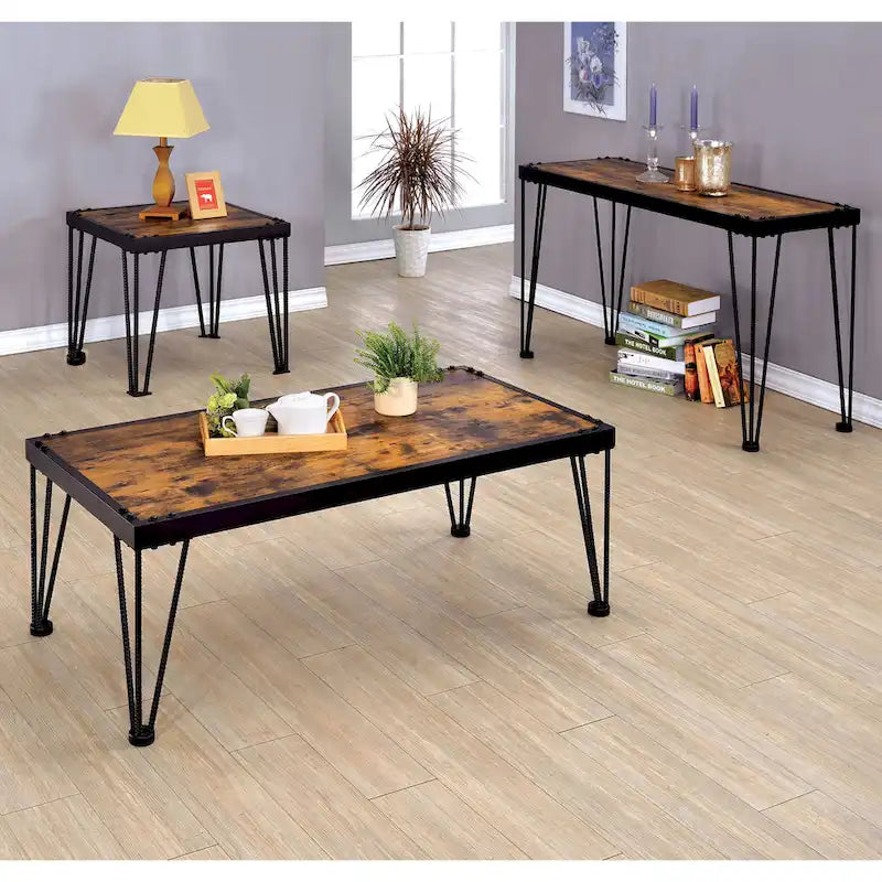 Industrial Square Side Table with Wood Veneer and Metal Legs