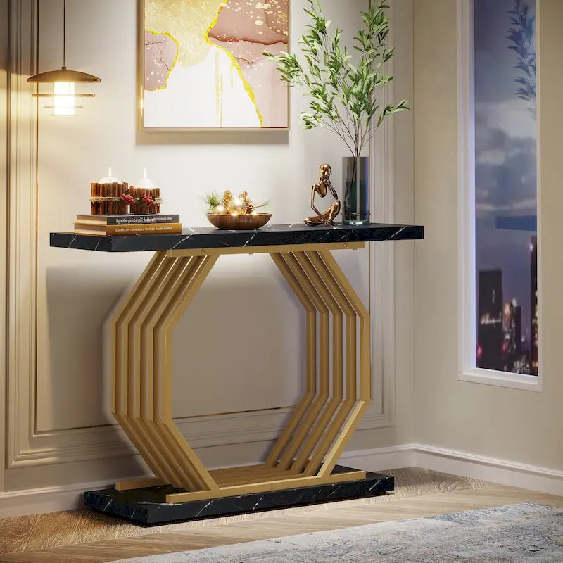 Modern Faux Marble Console Table with Gold Geometric Metal Base