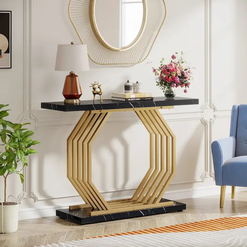 Modern Faux Marble Console Table with Gold Geometric Metal Base