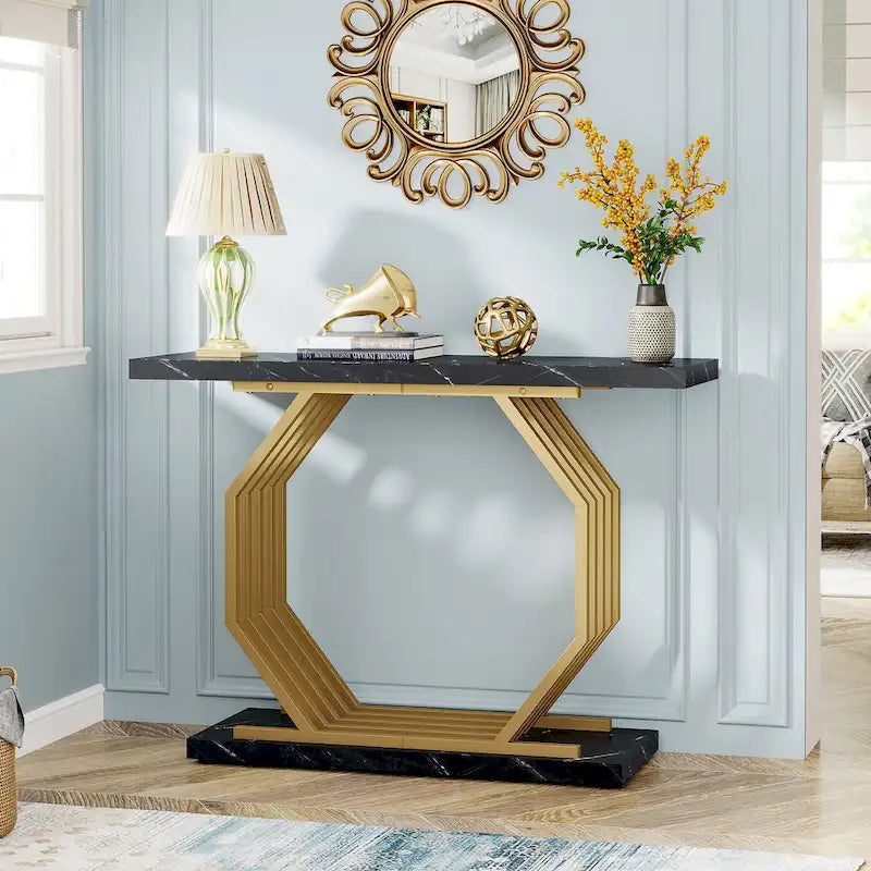 Modern Faux Marble Console Table with Gold Geometric Metal Base