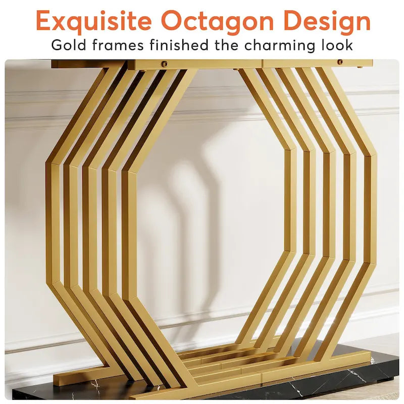Modern Faux Marble Console Table with Gold Geometric Metal Base