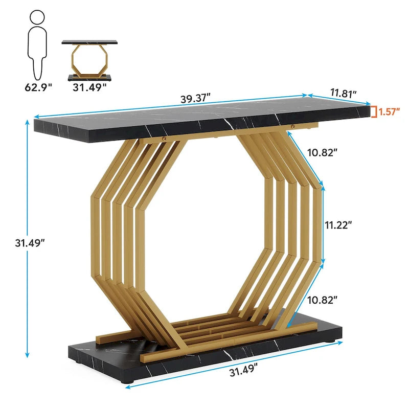 Modern Faux Marble Console Table with Gold Geometric Metal Base