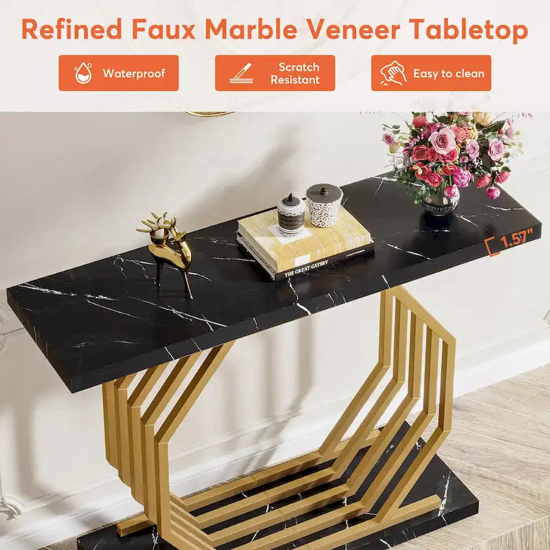 Modern Faux Marble Console Table with Gold Geometric Metal Base