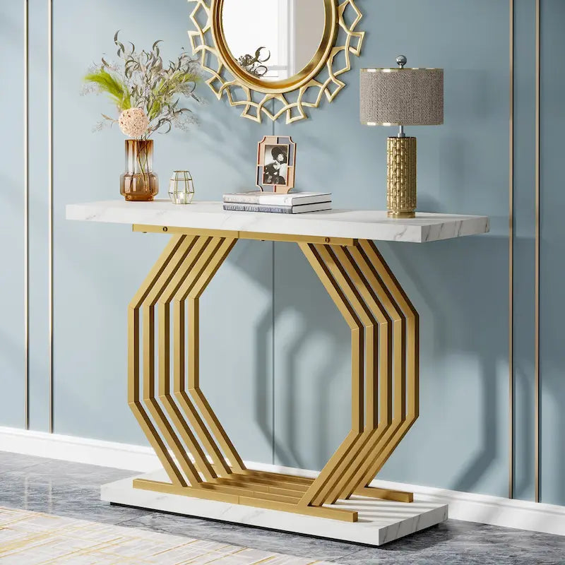 Modern Faux Marble Console Table with Gold Geometric Metal Base