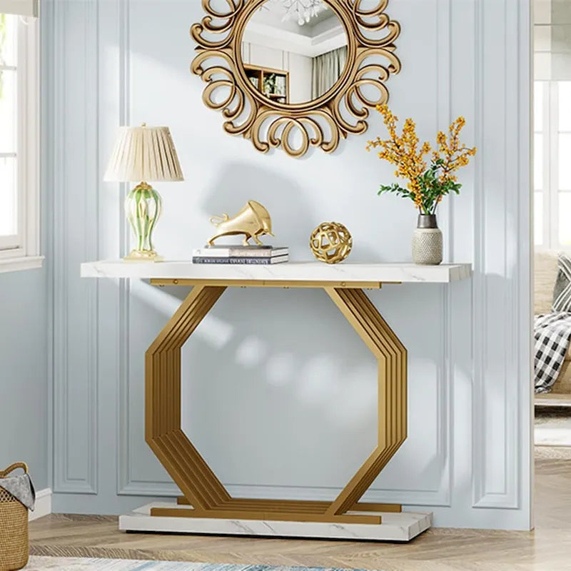 Modern Faux Marble Console Table with Gold Geometric Metal Base