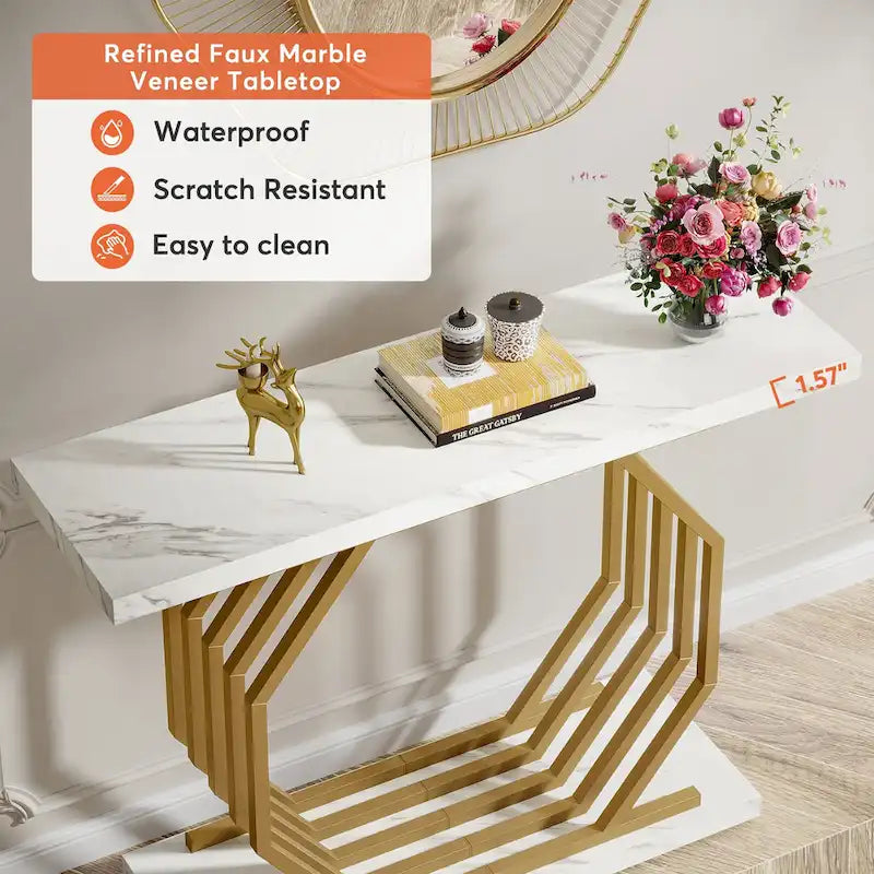 Modern Faux Marble Console Table with Gold Geometric Metal Base