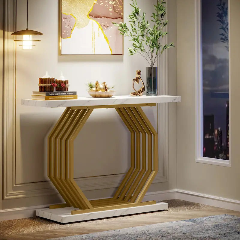 Modern Faux Marble Console Table with Gold Geometric Metal Base