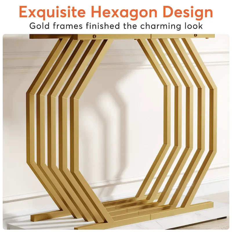 Modern Faux Marble Console Table with Gold Geometric Metal Base