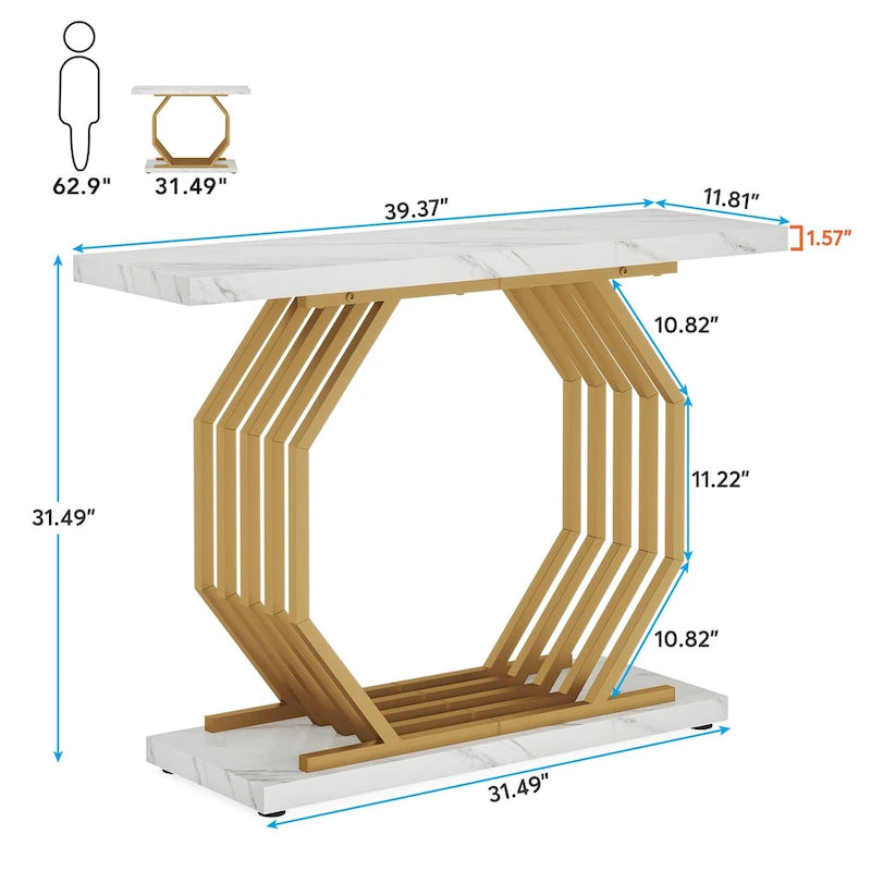 Modern Faux Marble Console Table with Gold Geometric Metal Base