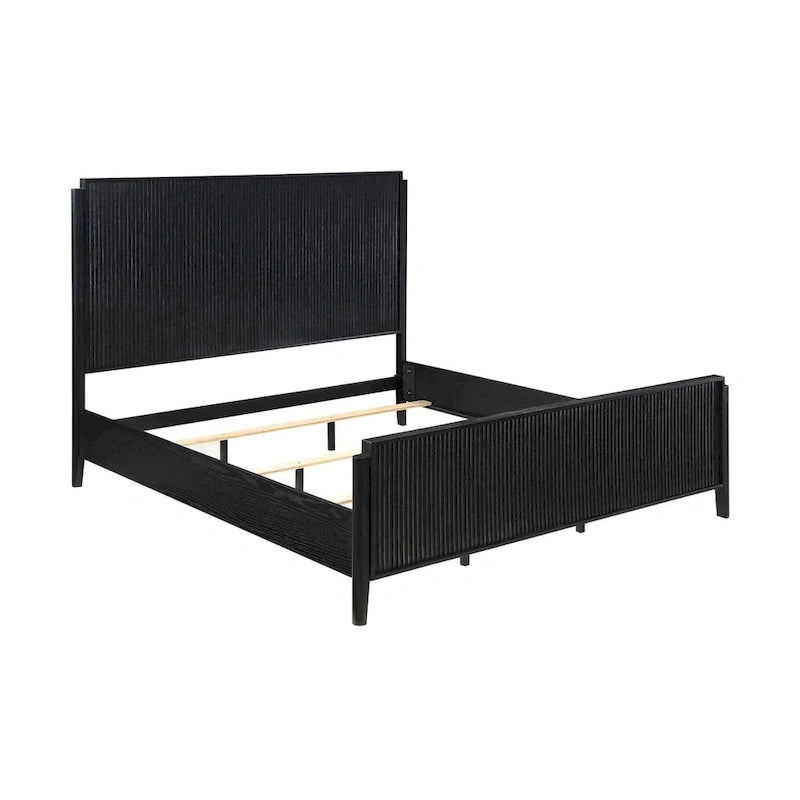 Black Fluted Panel Bed with Square Headboard and Slatted Base