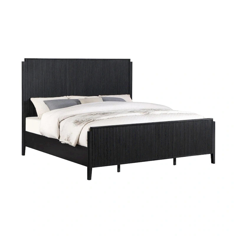 Black Fluted Panel Bed with Square Headboard and Slatted Base