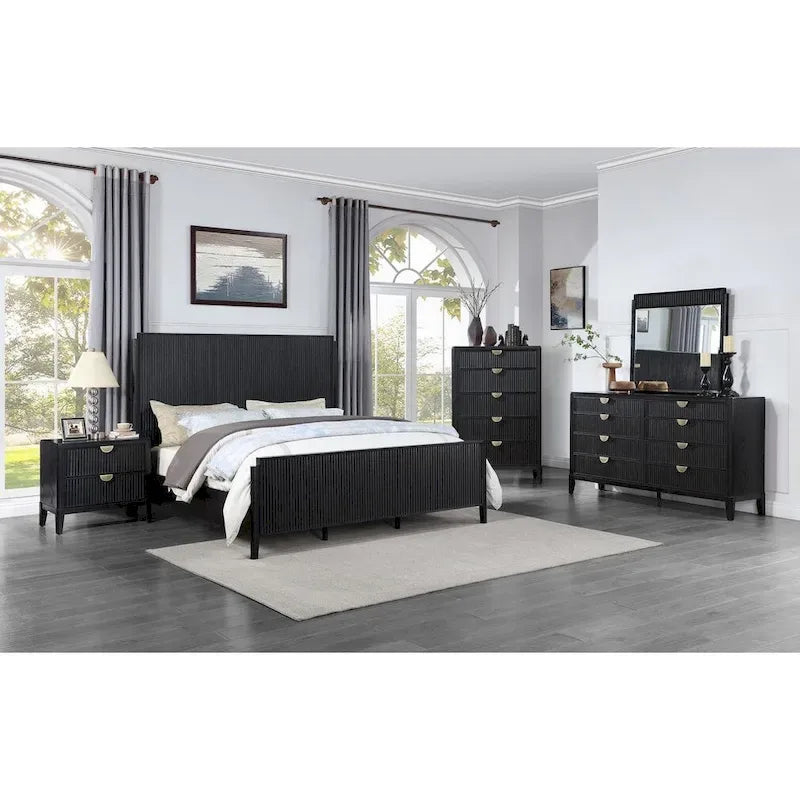 Black Fluted Panel Bed with Square Headboard and Slatted Base