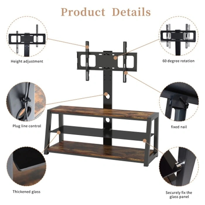 Black Tempered Glass TV Stand with Swivel Mount and Three Shelves