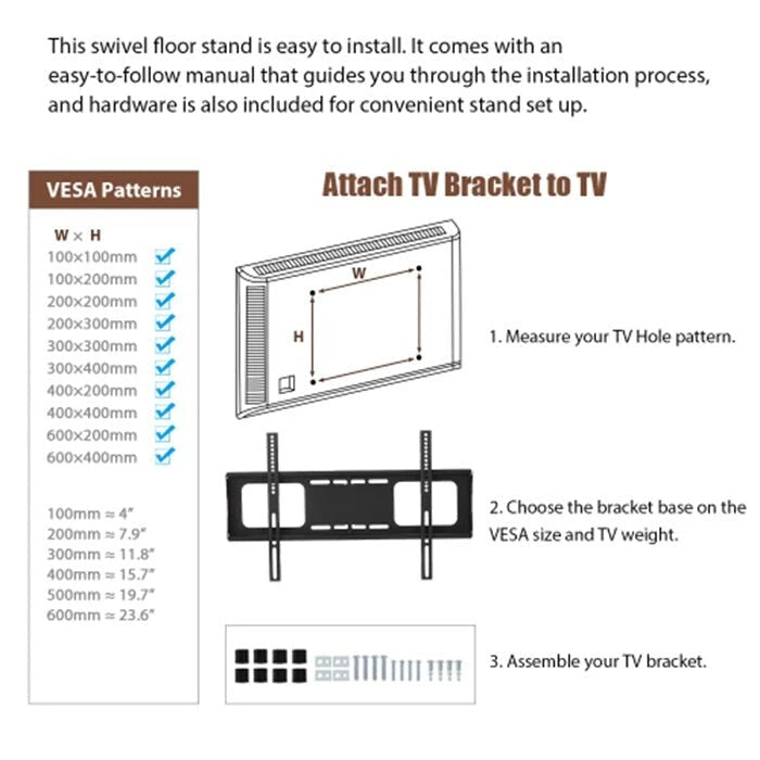 Black Tempered Glass TV Stand with Swivel Mount and Three Shelves