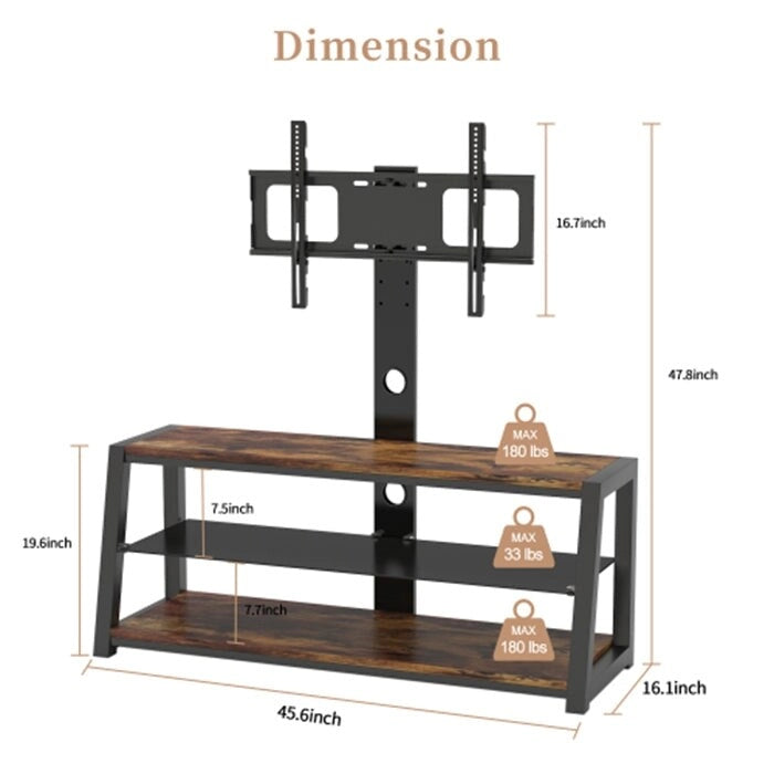 Black Tempered Glass TV Stand with Swivel Mount and Three Shelves