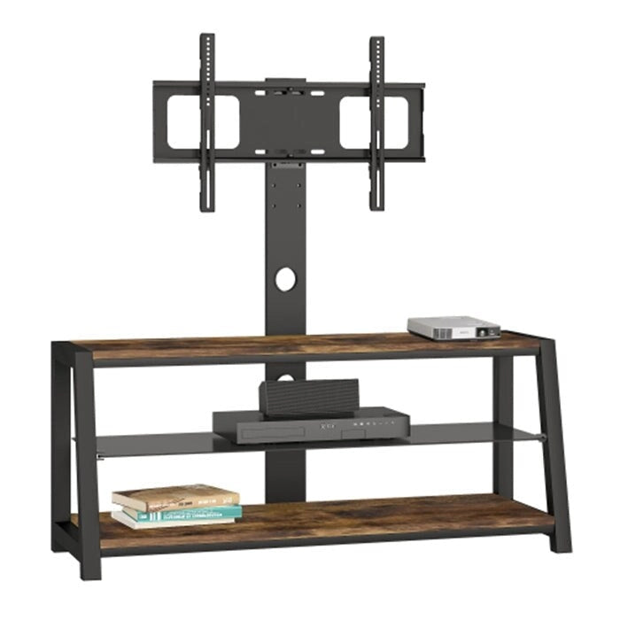 Black Tempered Glass TV Stand with Swivel Mount and Three Shelves