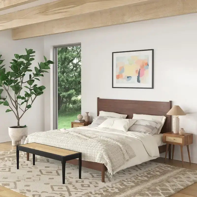 Scandinavian Panel Bed with Rounded Legs and Wood Slat Foundation