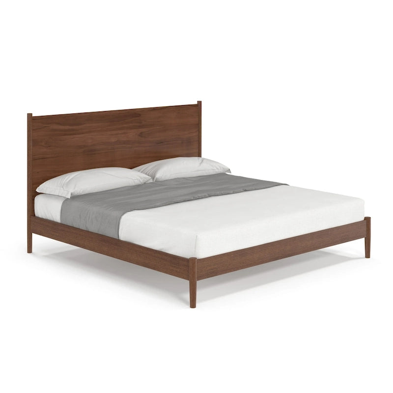 Scandinavian Panel Bed with Rounded Legs and Wood Slat Foundation